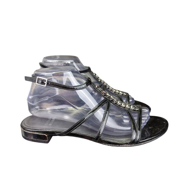 Stuart Weitzman Gladiator Strap Sandals Black‎ Leather Silver Chain Women's 8 - Picture 1 of 7